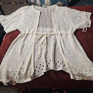 White House Black Market Women's Small Linen Blend Cream Crochet Knit Cardigan